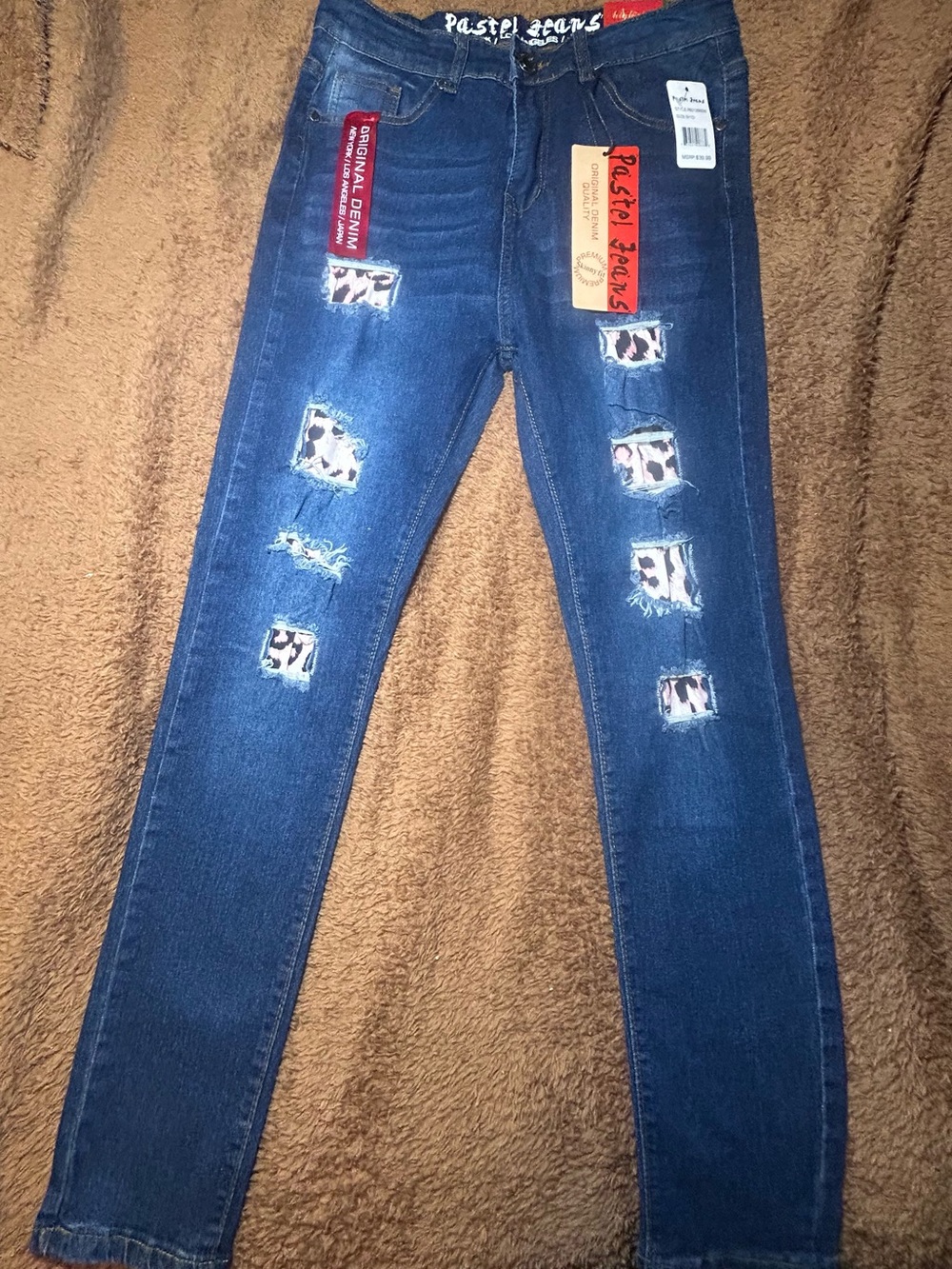 Pastel Jeans Dark Wash Distressed Patch Skinny Jeans - Blue